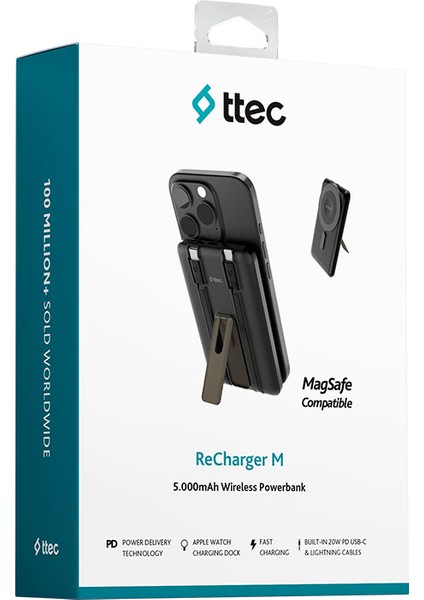 Recharger M 5.000MAH Magsafe Uyumlu Pd 20W Lightning ve Usb-C Dahili Kablolu Stantlı 2BB236S