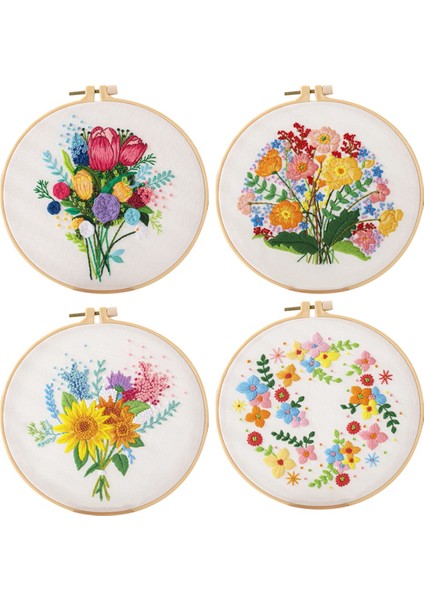 4 Set Dıy Nakış Kiti Yeni Başlayanlar Için Yetişkinler, El Nakış Kiti Çiçek, Çember, Renk Dişleri, Araçlar Içerir (Yurt Dışından)
