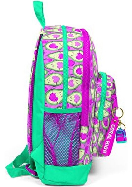 Dört Bölmeli Pembe Su Yeşili Avokado Desenli Okul Çantası 27x38x14 cm İlkokul İçin