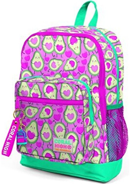 Dört Bölmeli Pembe Su Yeşili Avokado Desenli Okul Çantası 27x38x14 cm İlkokul İçin
