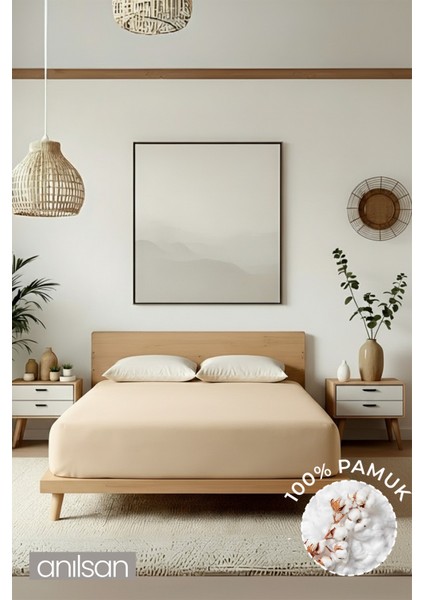 Düz Bej Lastikli Ranforce Çarşaf %100 Pamuk Tek/Çift Kişilik Ev, Otel Çarşafı