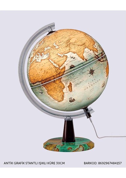 48415 Antik Grafik Stantlı Işıklı Küre 30CM