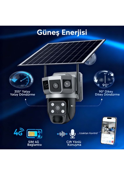 4g Solar Panelli Güvenlik Kamerası, Güneş Enerjili , 6mp Çift Lens, Sim Kartlı, Ptz, Su Geç