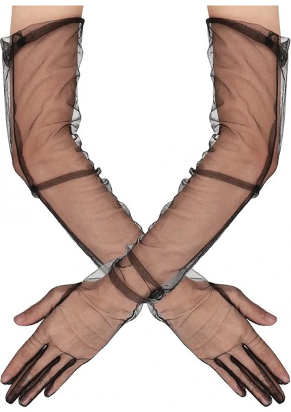 Uzun Boy Likralı Siyah Yetişkin Mega Tül Eldiven