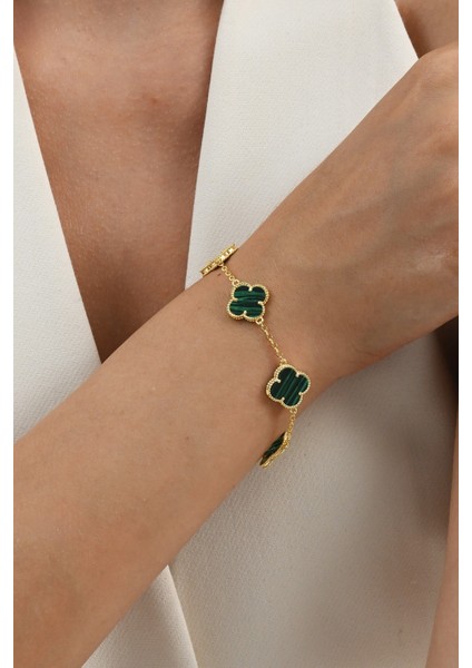 925 Ayar Gümüş Altın Yaldızlı Malakit (Malahit) Taşlı Beş Motifli Gümüş Yonca Bileklik SGTL13107YESIL