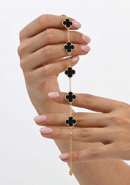 925 Ayar Gümüş Altın Yaldızlı Malakit (Malahit) Taşlı Beş Motifli Gümüş Yonca Bileklik SGTL13107YESIL fiyatları