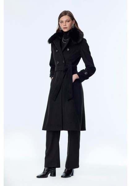 Yaka Kürk Detaylı Siyah Kaşe Kaban 13112 modelleri