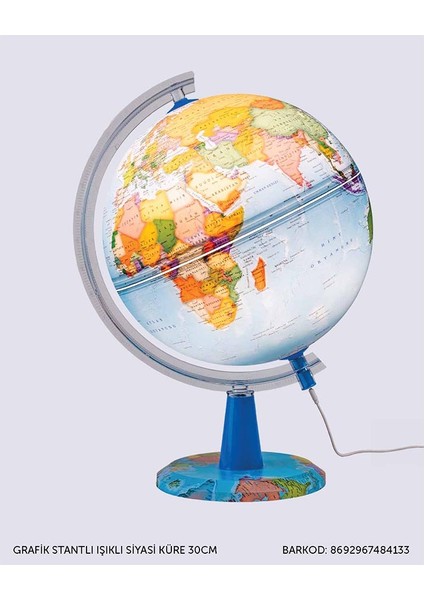 48413 Grafik Stantlı Işıklı Siyas Küre 30CM