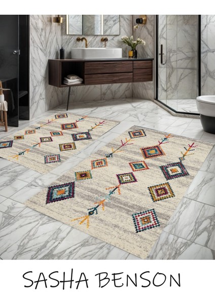 Renkli Etnik Desenli Banyo Paspas Takımı, Kaymaz Taban, Yıkanabilir, Toz ve Leke Tutmaz, 2'li