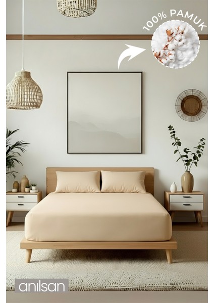 Düz Bej Çift Kişilik Ranforce Çarşaf Seti %100 Pamuk (Çarşaf+Yastık Kılıfı)
