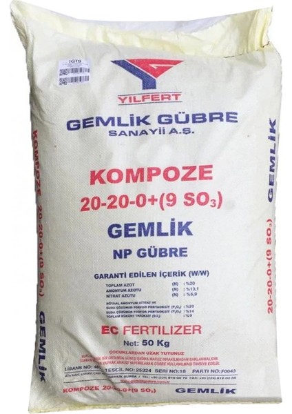 Gemlik 20-20-0+(9so3) Kompoze Gübre 50 kg Np Taban Gübresi