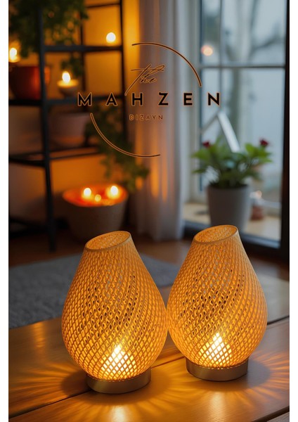Özel Tasarım Tealight Aydınlatmalı Dekoratif Obje Ikili Set / Gerçek Bambu/meşe Katkılı
