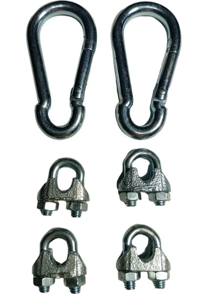 4 Adet A Tipi 8 mm Çelik Halat Kelepçesi + 2 Adet 8 cm Çelik Karabina Seti