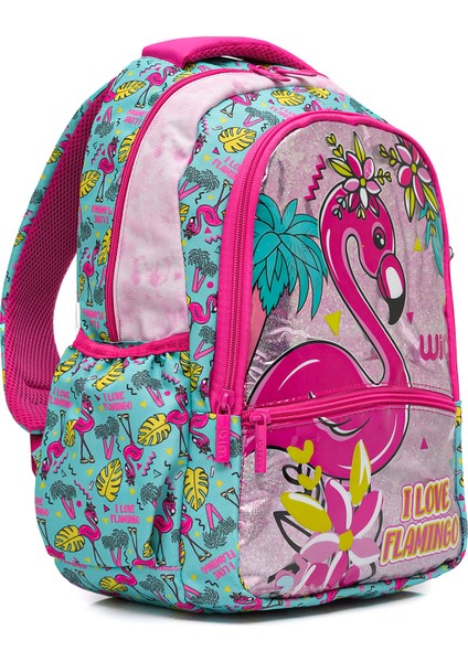 3 Bölmeli Palm Flamingo Çanta Seti Turkuaz Okul Çantası Termoslu Beslenme Çantası Kalemlik