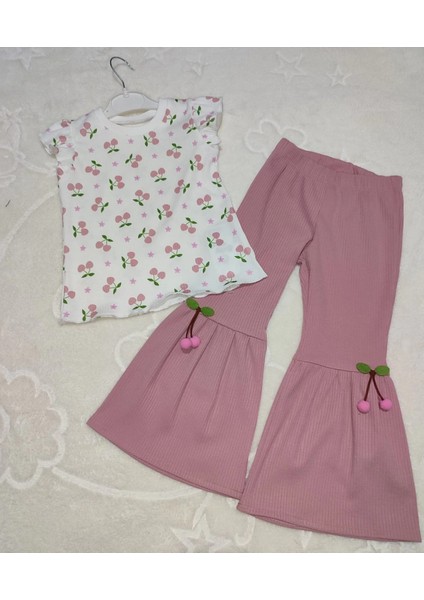 1-2-3-4 Yaş Kiraz Baskılı Tişört Ispanyol Paçalı Likralı 2li Kız Çocuk Takımı Gül Kurusu