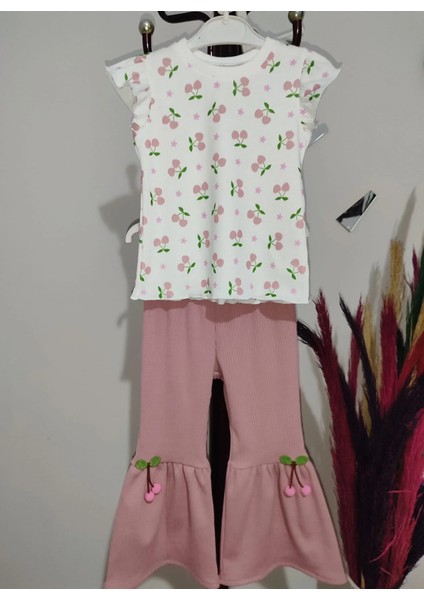 1-2-3-4 Yaş Kiraz Baskılı Tişört Ispanyol Paçalı Likralı 2li Kız Çocuk Takımı Gül Kurusu fırsatları