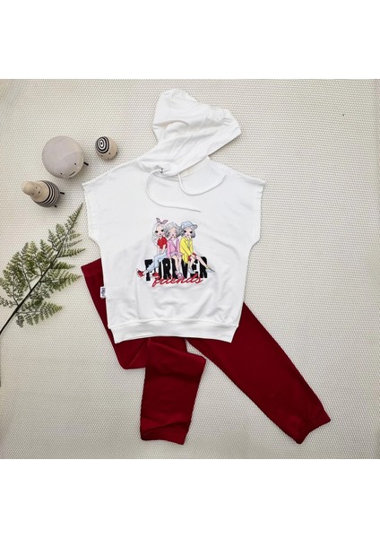 3-4-5 Yaş Forever Cici Kızlar Baskılı Kapşonlu 2li Kız Çocuk Takımı Kırmızı