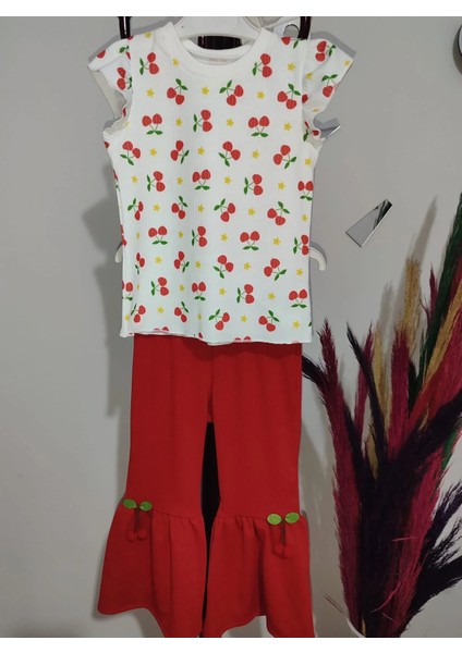1-2-3-4 Yaş Kiraz Baskılı Tişört Ispanyol Paçalı Likralı 2li Kız Çocuk Takımı Kırmızı fırsatları
