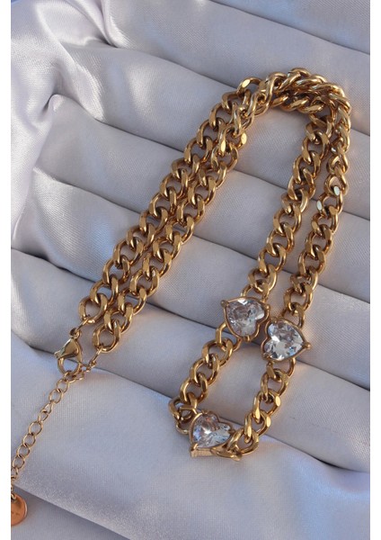 316L Çelik Gold Renk Zirkon Taşlı Kalp Model Zincir Kolye - TJ-BKO8949 fiyatları