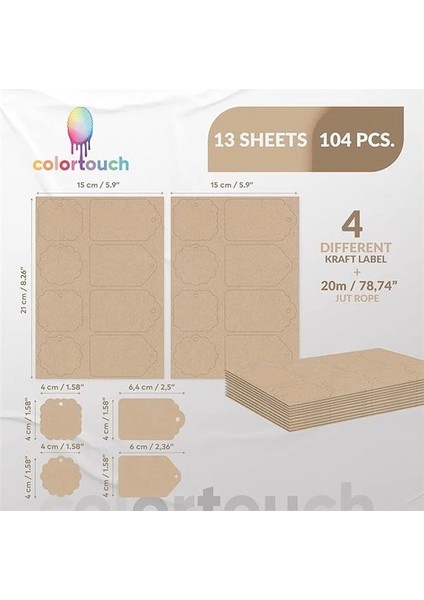 Kraft Paketleme Etiketleri - 104 Adet Kraft Etiket Jut Iple Birlikte - Farklı Formlarda 4 modelleri