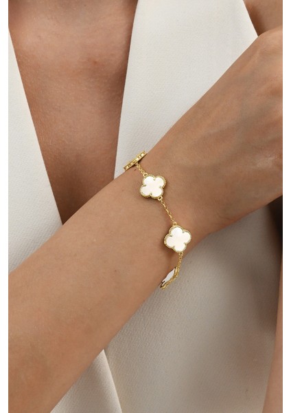 925 Ayar Gümüş Altın Yaldızlı Sedef Taşlı Beş Motifli Gümüş Yonca Bileklik SGTL13107BEYAZ fiyatları