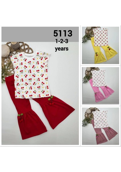 1-2-3-4 Yaş Kiraz Baskılı Tişört Ispanyol Paçalı Likralı 2li Kız Çocuk Takımı Sarı