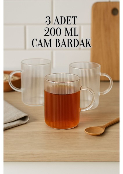 3 Adet Çizgili Kulplu Isıya Dayanıklı Borosilikat Cam Kahve Çay Bardak - 200 ml Cam Çay Bardağı
