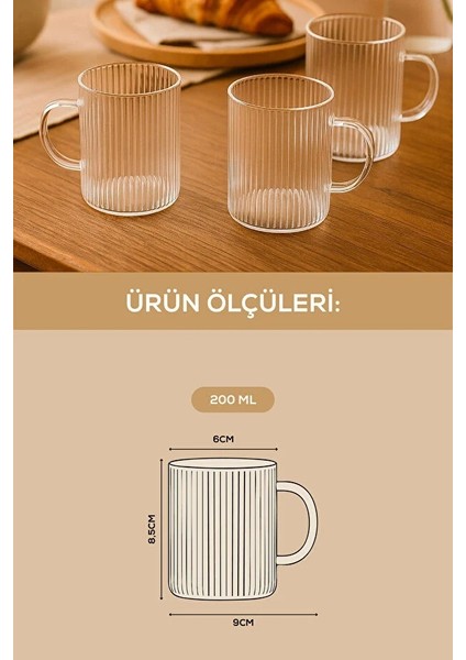 3 Adet Çizgili Kulplu Isıya Dayanıklı Borosilikat Cam Kahve Çay Bardak - 200 ml Cam Çay Bardağı fiyatları
