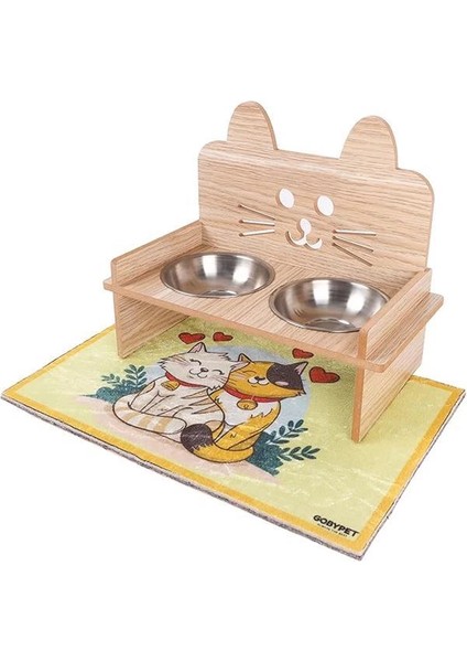 Mama Kabı, Ahşap ve Metal Çift Hazneli Kedi Mama ve Su Kabı, Köpek Mama Kabı