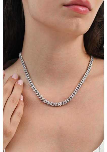 925 Ayar Gümüş Rodyumlu Zirkon Taşlı Ithal Gurmet Zincir Kolye SGTL13088RODAJ