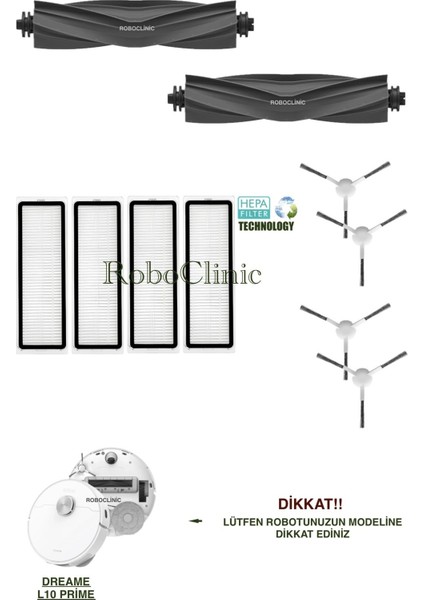 Dreame L10 Prime Yedek Ana Fırça, Yan Fırça, Hepa Filtre - 10 Parça