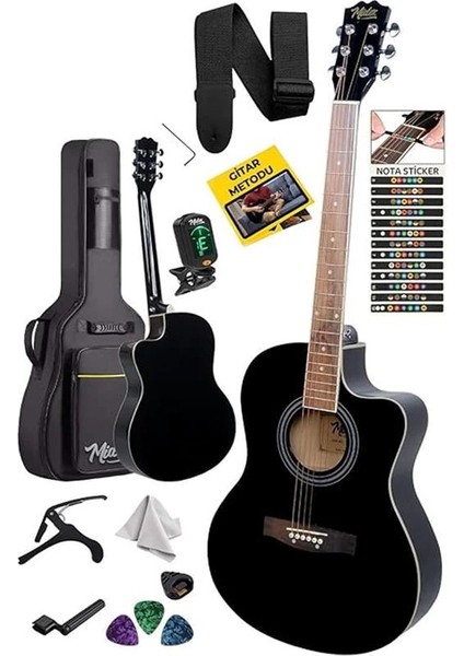 XC-200BK Kesik Kasa Siyah Akustik Gitar 4/4 Yetişkin Üst Segment (Gigbag Çanta Tuner Capo Askı