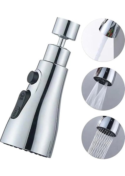 Krom 3 Fonksiyonlu Mutfak Lavabo Başlığı, 720 Derece Döner, Su Tasarruflu, Şık ve Dayanıklı