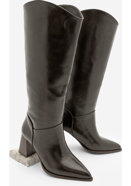 Kadın Sivri Burun Kalın Topuklu Fermuarsız Topuklu Çizme Tines