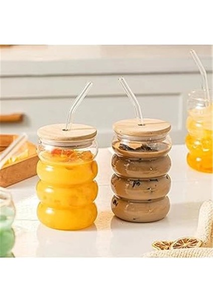 2 Adet Şeffaf Cam Pipetli Ahşap Kapaklı Isıya Dayanıklı Şeritli Boğumlu Bardak – Kahve ve Meyve Suyu