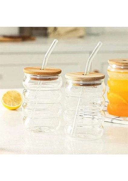 2 Adet Şeffaf Cam Pipetli Ahşap Kapaklı Isıya Dayanıklı Şeritli Boğumlu Bardak – Kahve ve Meyve Suyu fırsatları