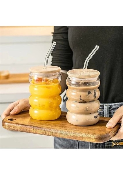 2 Adet Şeffaf Cam Pipetli Ahşap Kapaklı Isıya Dayanıklı Şeritli Boğumlu Bardak – Kahve ve Meyve Suyu