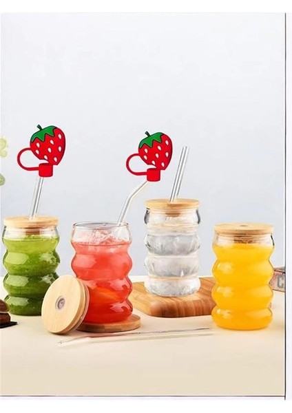 2 Adet Şeffaf Cam Pipetli Ahşap Kapaklı Isıya Dayanıklı Şeritli Boğumlu Bardak – Kahve ve Meyve Suyu