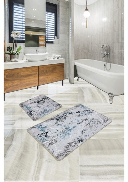 Mavi 2'li Banyo Halısı ve Klozet Paspas Seti, 50X60CM ve 60X100CM