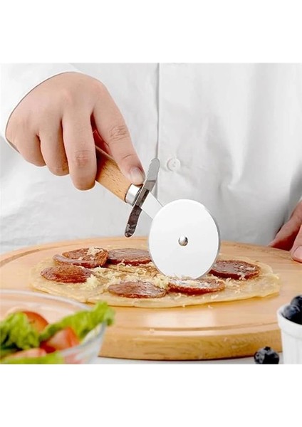 Paslanmaz Çelik Ahşap Saplı Pizza Dilimleyici, Yuvarlak Pizza Kesici Bıçak, Hamur ve Waffle