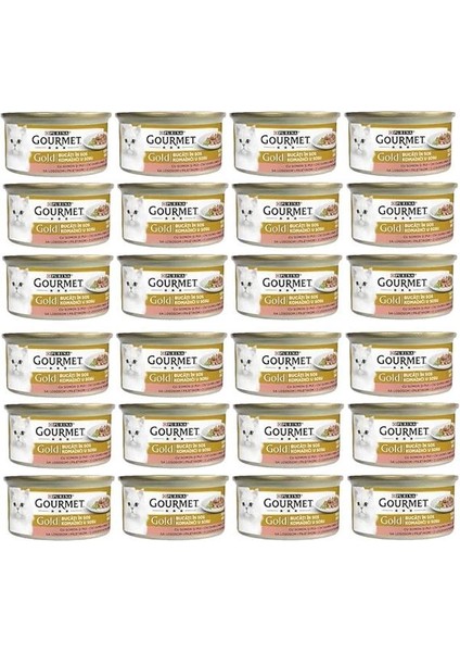 Gold Parça Etli Soslu Somonlu ve Tavuklu Kedi Konservesi 85 gr x 24 Adet