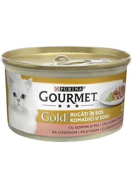 Gold Parça Etli Soslu Somonlu ve Tavuklu Kedi Konservesi 85 gr x 24 Adet fiyatları