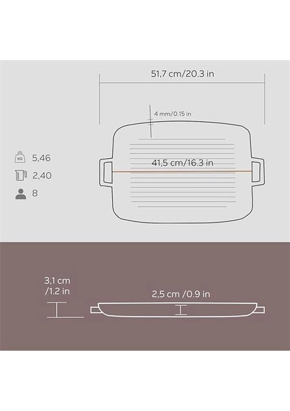 Döküm Grill Tepsi, Izgara Yüzeyli, Metal Kulplu, 31X42CM
