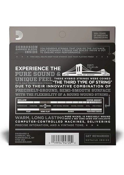 D'addario ENR71 Bas Gitar Tel Seti, Half Round Bass, Regular Lıght modelleri