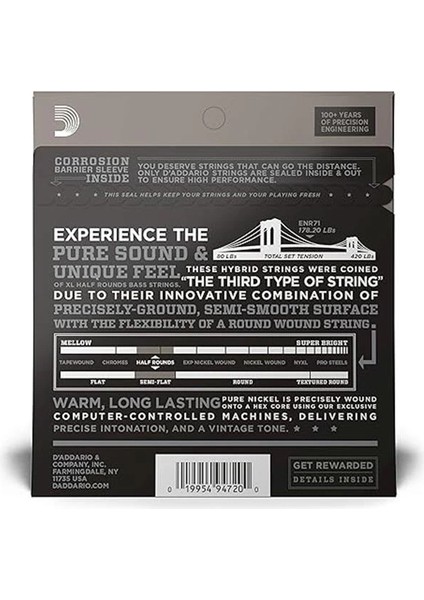 D'addario ENR71 Bas Gitar Tel Seti, Half Round Bass, Regular Lıght
