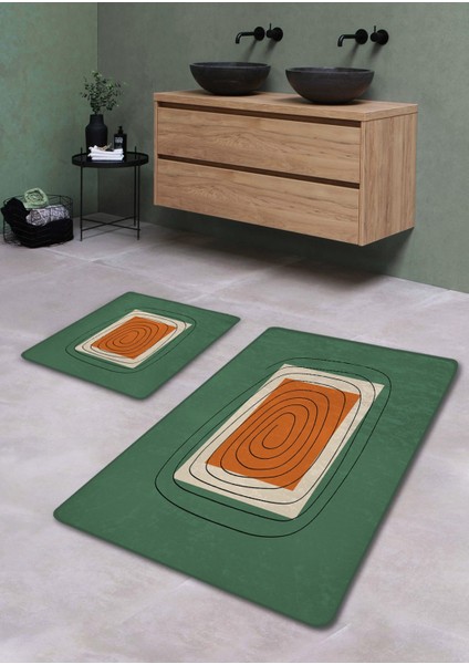 Labirent Desenli Yıkanabilir Çift Banyo Paspası, Kaymaz Taban, Yeşil