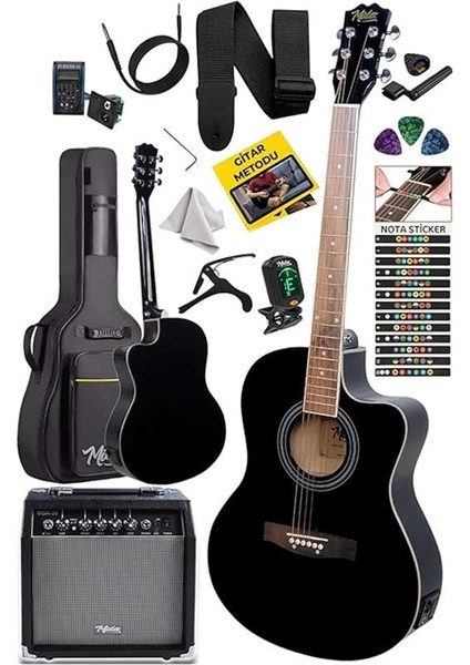 XC-300XBK-AMP Profesyonel Amfili Siyah Elektro Akustik Gitar (Amfi Gigbag Çanta Tuner Capo