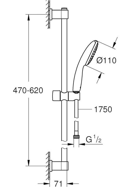 Vitalio Start 110 Sürgülü Duş Seti, 110MM Yuvarlak 1 Akışlı El Duşu, 600MM Sürgülü Ray, 1750MM