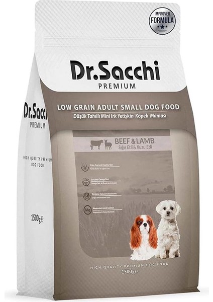 Dr.sacchi Premium Düşük Tahıllı Sığır Etli ve Kuzu Etli Mini Irk Yetişkin Köpek Maması 1,5 kg