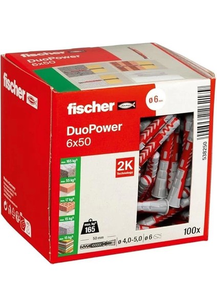 Duopower 6 x 50, Evrensel Dübel, Güçlü 2 Bileşenli Dübel, Beton, Tuğla, Taş, Alçı Karton Vb.